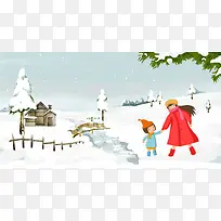 小清新唯美手绘雪景冬天海报背景素材