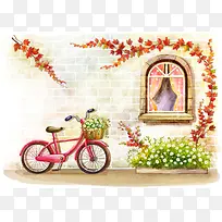 手绘幼儿园插画窗台爬山虎自行车