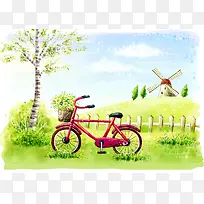 手绘幼儿园插画风车白桦自行车