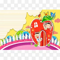 韩国插画小伙伴家园扁平化背景
