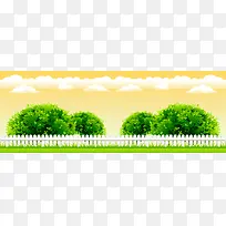 白云绿树木围栏卡通背景