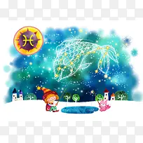 十二星座双鱼卡通图案绿色背景素材