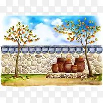 秋日墙头柿子树背景素材