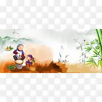 奶奶裹粽子文艺竹叶童趣中国风白色背景