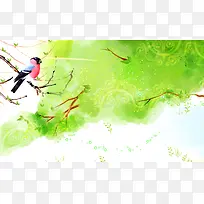手绘春天树枝小鸟海报背景模板