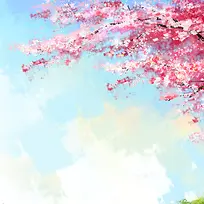 樱花蓝天白云手绘背景