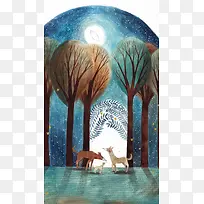 夜色林间动物插画H5背景