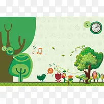绿色卡通手绘欢乐植树节主题海报背景素材