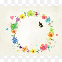手绘花朵水彩花环蝴蝶唯美印刷背景