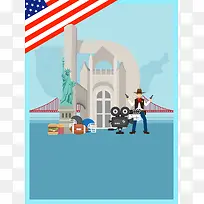 蓝色扁平化美国旅游海报背景