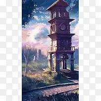 卡通钟楼漫画动漫h5背景