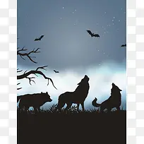 卡通手绘月色狼嚎狩猎商业背景素材