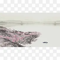 江边桃花盛开的中国山水画面