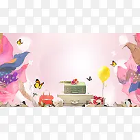 粉色温馨手绘插画花卉蝴蝶新品海报背景素材
