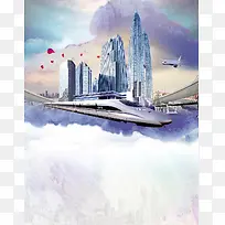 矢量水彩插画上海印象旅游海报背景