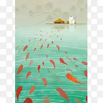卡通白熊金鱼钓鱼荷塘背景图