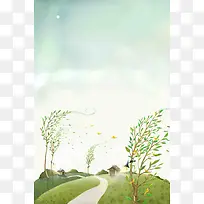 春天手绘绿色踏青海报背景模板
