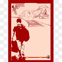 红色手绘剪影回家过年春节背景素材