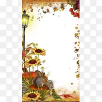 —手绘梦幻边框松鼠枫叶路灯葵花鸟白