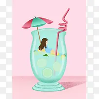 手绘插画小暑柠檬水海报饮料店创意海报背景