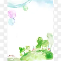 手绘蓝天气球草地背景