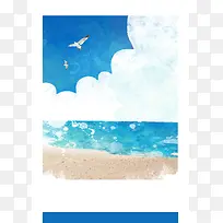 手绘水彩海鸥大海印刷背景