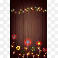 木板上的灯光和花朵背景素材