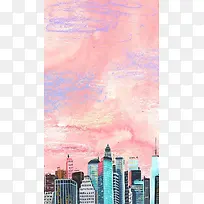插画城市建筑背景粉笔质感粉色背景H5背景