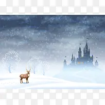 圣诞节冬季城堡麋鹿云层深蓝色矢量背景图