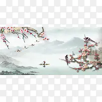 梅花喜鹊中国风山水背景