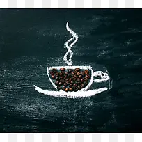 简约手绘咖啡杯咖啡豆木板展示背景素材