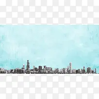 蓝色油画城市海报背景模板