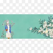 梦幻花朵白色花瓣蓝色底纹背景