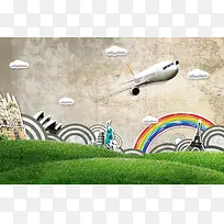 手绘彩虹背景飞机起飞的现代科技图片