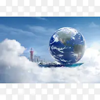 暮色地球与城市漂浮于天空
