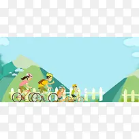 卡通骑着单车五一出游季banner背景