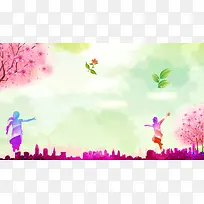 梦幻唯美剪影五四青年节海报背景素材