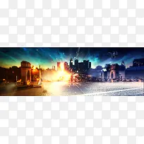 城市剪影灯光绚烂天空banner