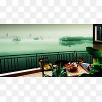 雾气湖景风光背景模板
