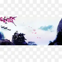 淘宝中国风水墨梅花山峰意境海报背景