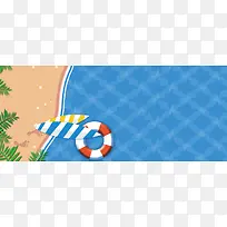 暑假泳池排队卡通扁平蓝色背景