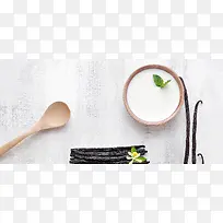 日系清新文艺酸奶美食木勺木碗质感纹理背景