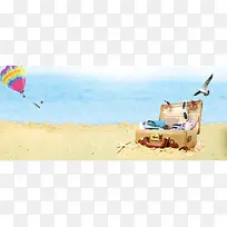 海边出游卡通童趣热气球蓝色背景