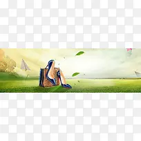 秋季女鞋大促销绿叶景色绿色背景