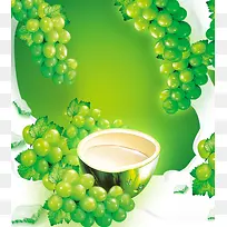 绿底牛奶葡萄食物海报背景模板