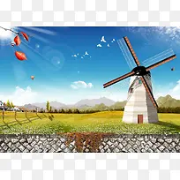 风车 荷兰风车海报背景素材