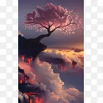 绚丽晚霞下的富士山樱花树背景