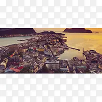 简约夕阳下现代都市海报背景banner
