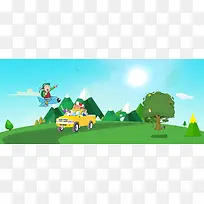 春天自驾游卡通手绘绿banner