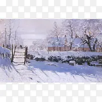 油画阳光下的雪景人家背景